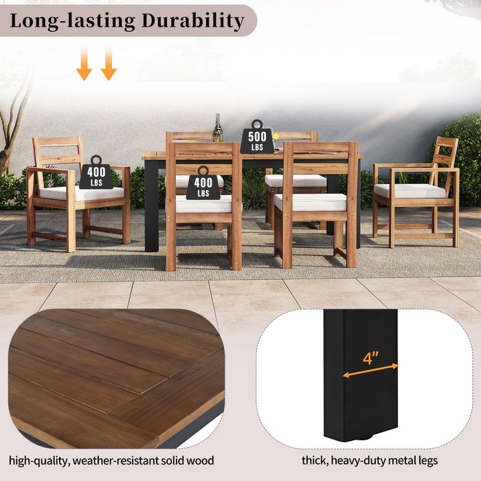 7-Piece Outdoor Patio Table and Chairs Set, Wood Dining Table Set for 6 with Umbrella Hole, 2 Armchairs & 4 Side Chairs for Garden, Backyard, Poolside