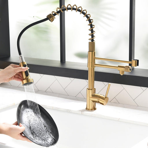 Golden Pull-down Kitchen Faucet With Two Spouts - ParrotUncle