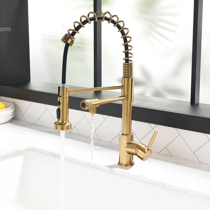 Golden Pull-down Kitchen Faucet With Two Spouts - ParrotUncle