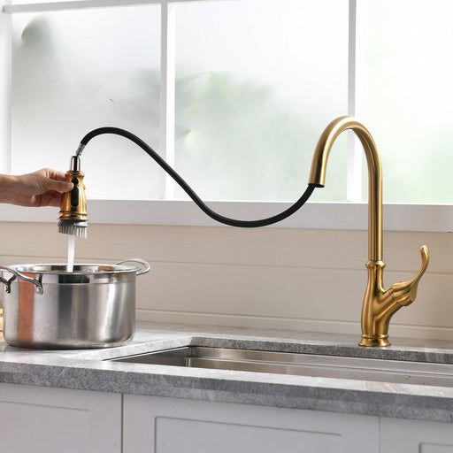 Golden Single Handle Pull Down Kitchen Faucet - ParrotUncle
