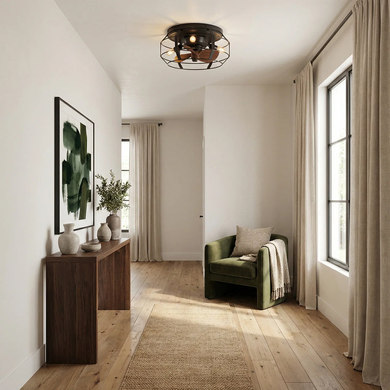 12 "Motor de CC industrial Níquel satinado Flush Mount Reversible Iron Ceiling Fan con iluminación y control remoto
