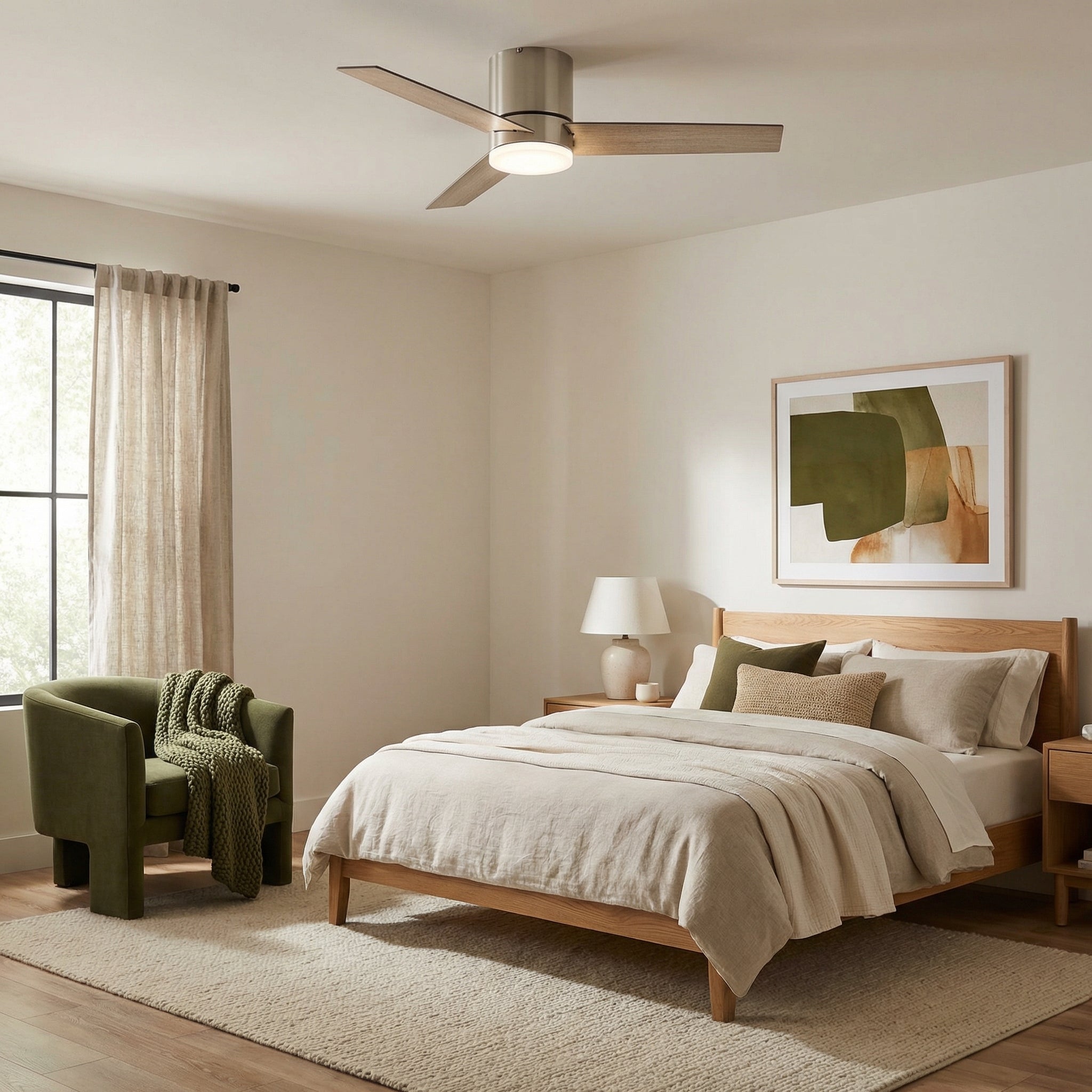 48" Satin Nickel Flush Mount Low Profile Ceiling Fan with LED Lighting