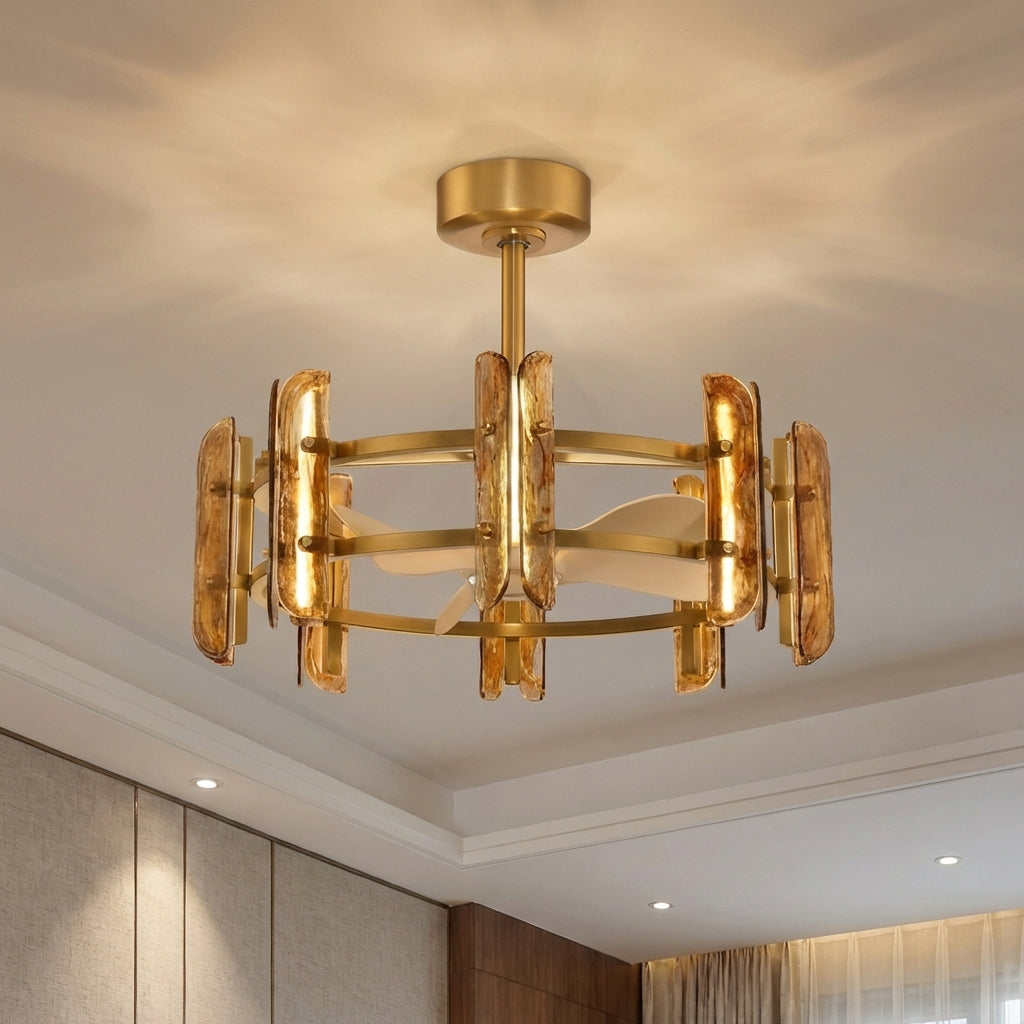 Perimost 32 Inch Astrid Electroplated Golden Luxury LED Fandelier with Remote Control