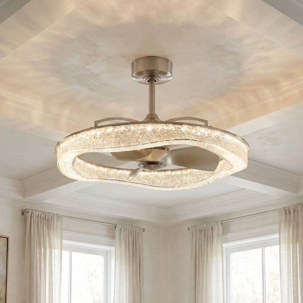 Perimost 33 Inch Satin Nickel Downrod Mount Luxury Fandelier with Light and Remote Control