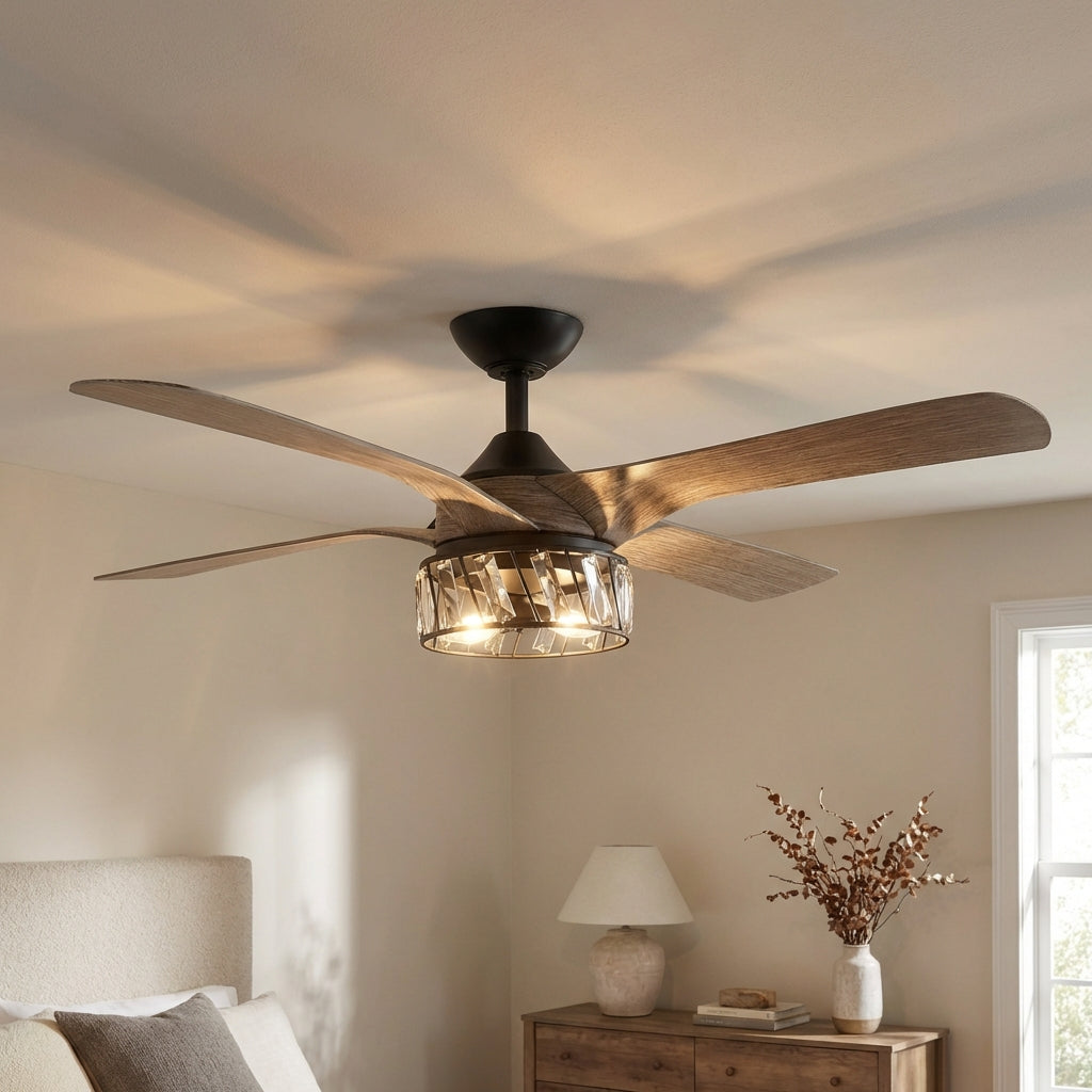 52" Tata Nagar Farmhouse Downrod Mount Reversible Crystal Ceiling Fan with Lighting and Remote Control