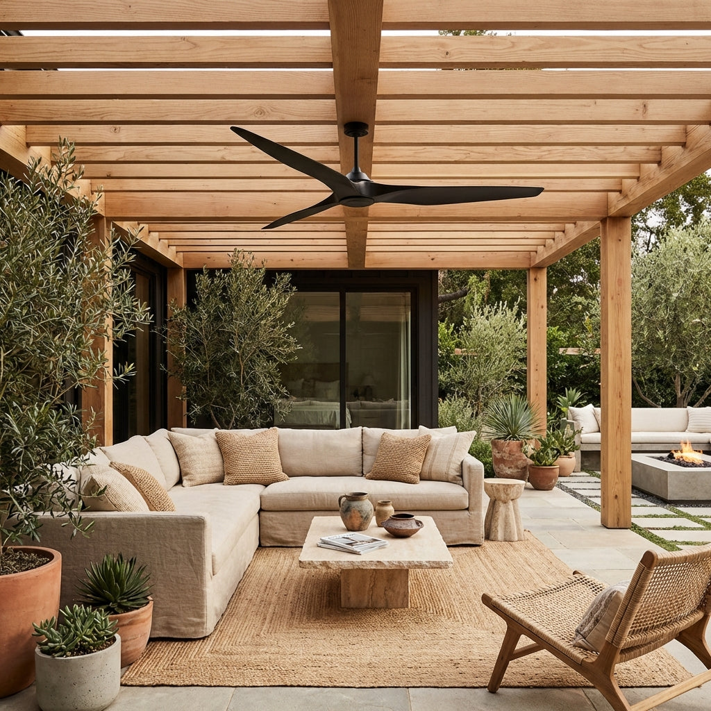 100 Inch Simon Black IP44 Outdoor Downrod Mount Ceiling Fan with Remote Control