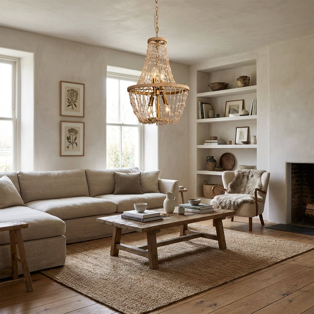 Modern Beaded Basket Weathered Wood 4-Light Chandelier