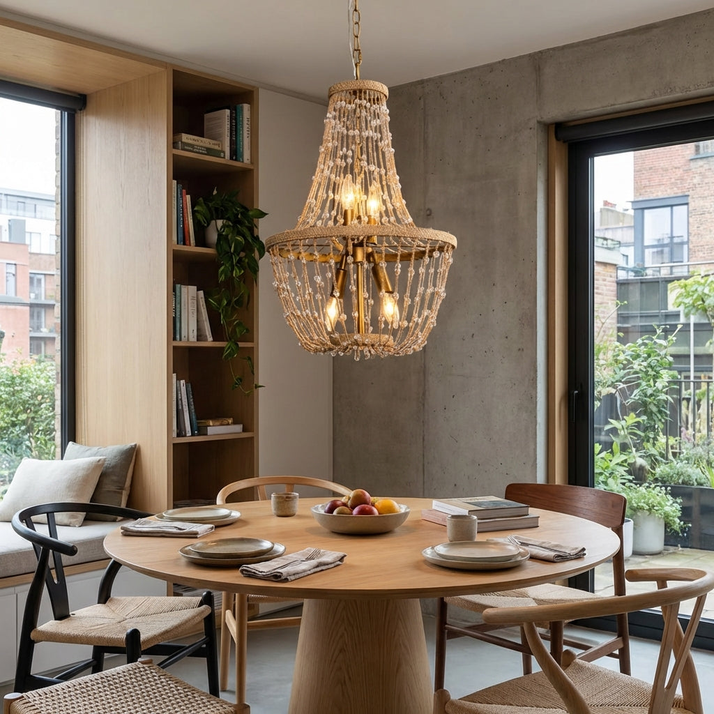 Lámpara de araña moderna de 4 luces con canasta de cuentas de madera desgastada