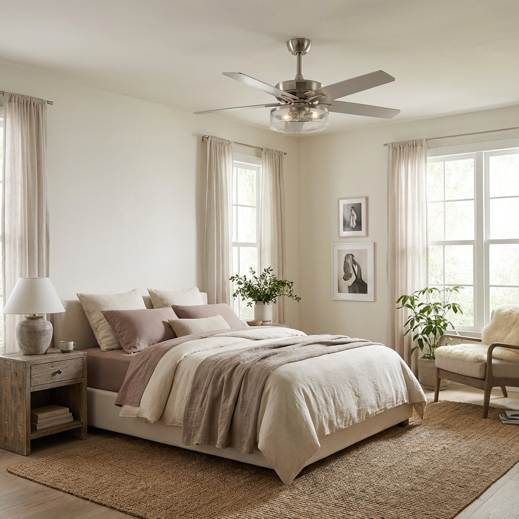 52 Inch Archer Modern Satin Nickel Ceiling Fan with Light & Remote Control