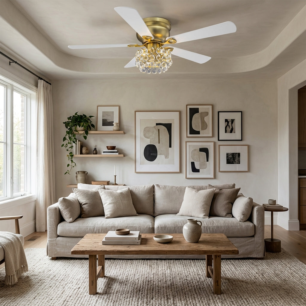 48 Inch Soft Brass Crystal Ornament Flush Mount Ceiling Fan with Light and Remote Control