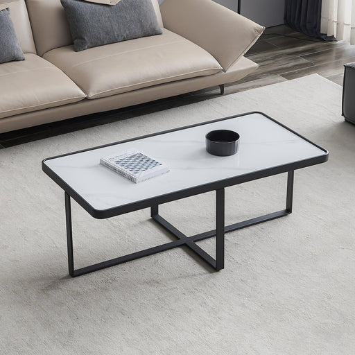 Minimalism Rectangle Coffee Table Black Metal Frame with Sintered Stone Tabletop - ParrotUncle