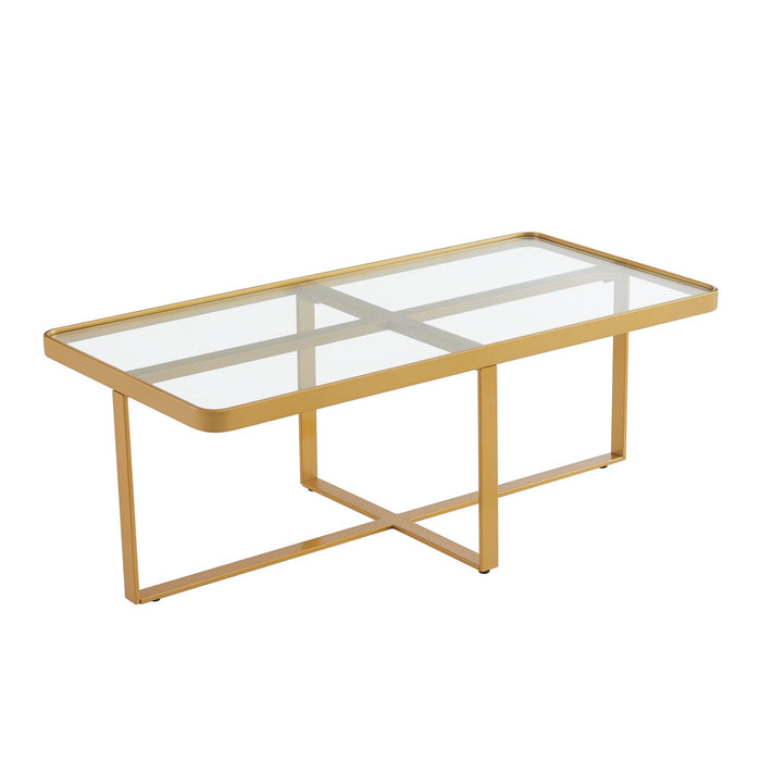 Minimalism Rectangle Coffee Table Golden Metal Frame with Tempered Glass Tabletop - ParrotUncle