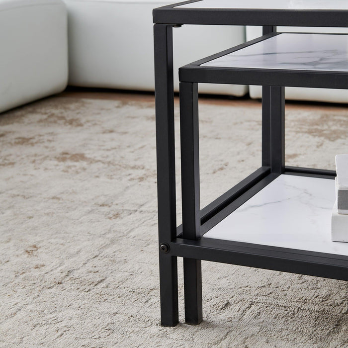 Modern Nesting Coffee Table Square & Rectangle Black Metal Frame with Marble Color Top - ParrotUncle