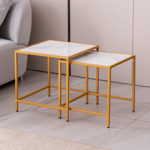 Nesting End/Side Table, Night Stand 2-Piece Set, Square Sintered stone Top with Golden Metal Frame - ParrotUncle