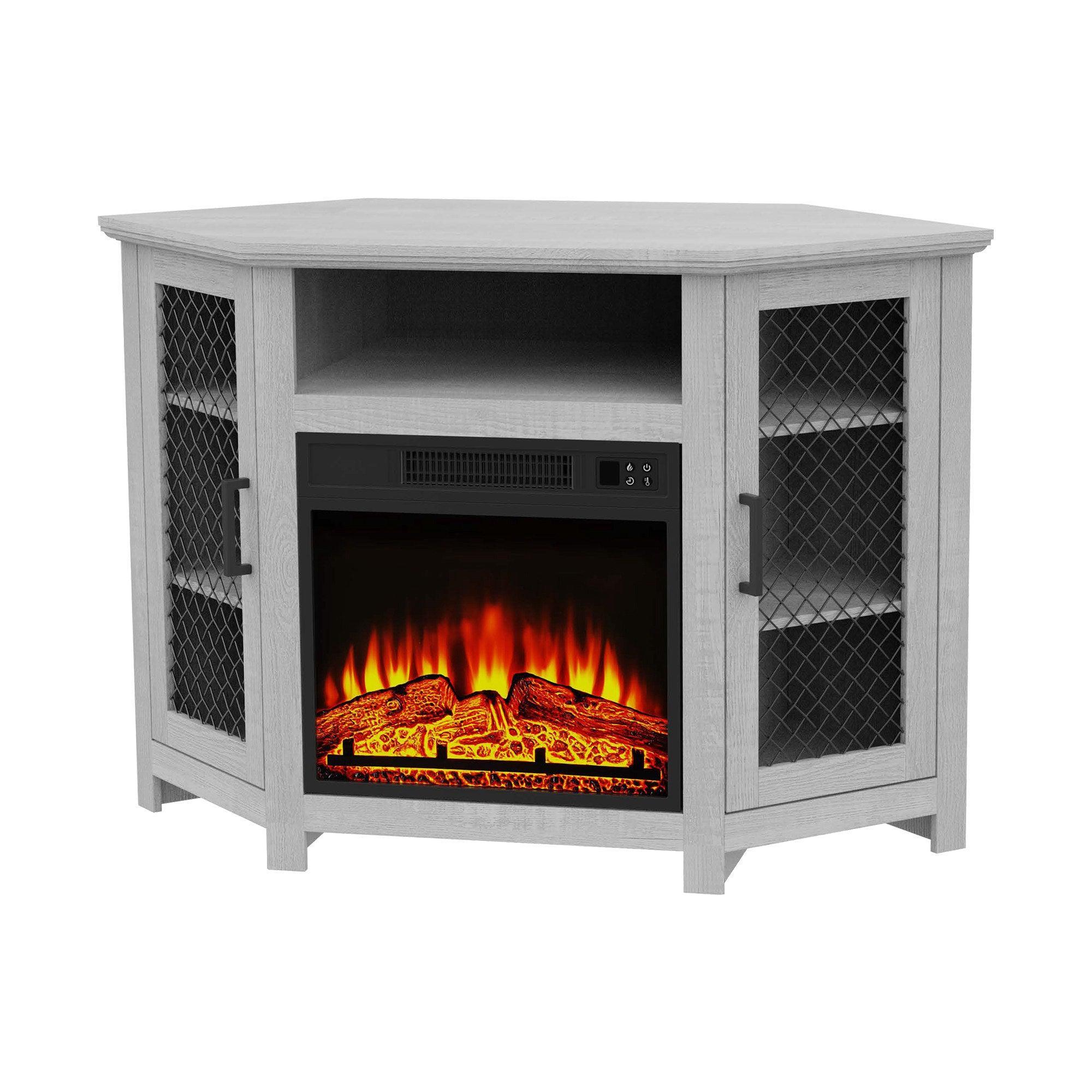 Parrot Uncle Furniture 45" Corner Electric Fireplace TV Stands Console Table with 2 Metal Mesh Doors - ParrotUncle