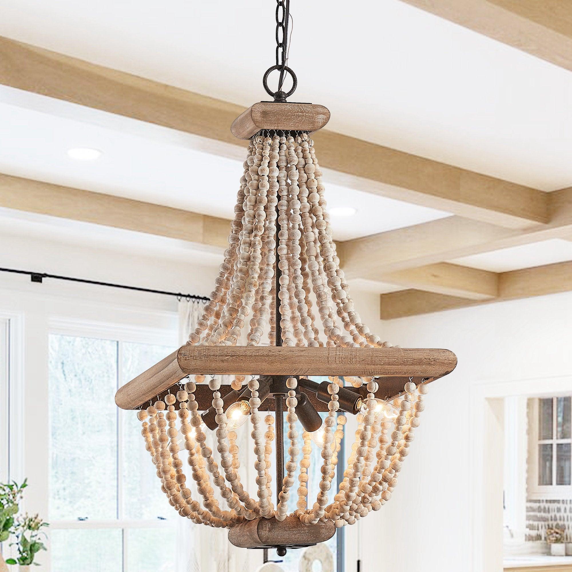 Regas 4-Light Wood Bead Candle Style Chandelier - ParrotUncle