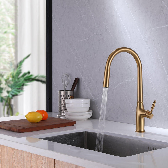 Single Handle Brushed Gold Kitchen Faucet with Pull Down Sprayer Single Hole Kitchen Sink Faucets - ParrotUncle