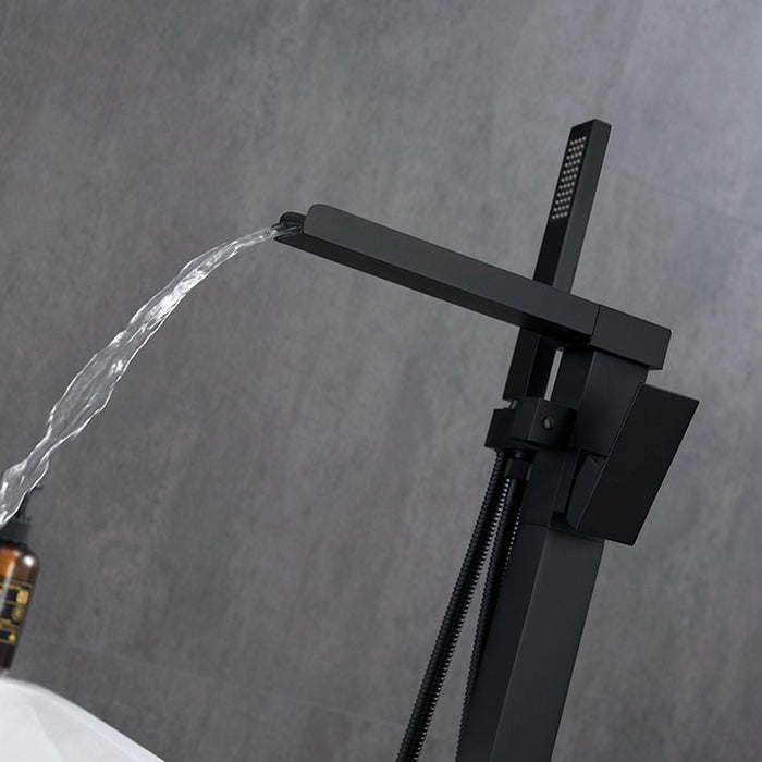 Single-Handle Floor-Mount Freestanding Bathroom Tub Faucets with Handheld Shower in Matte Black - ParrotUncle
