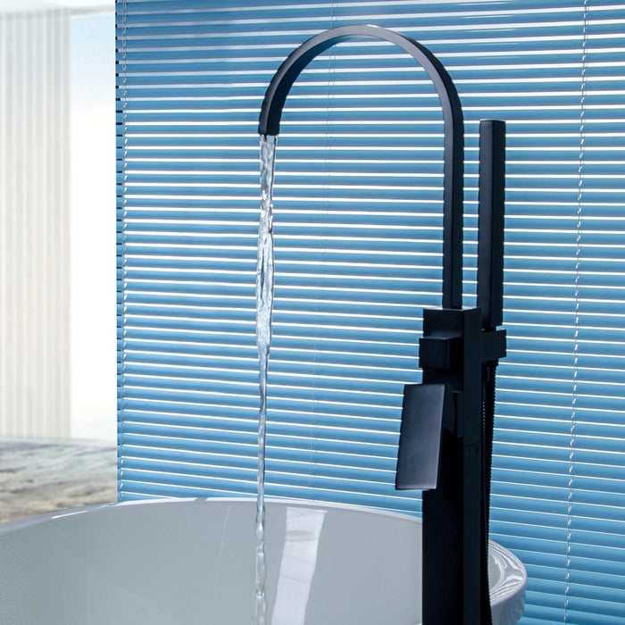 Single-Handle Freestanding Floor Mount Roman Tub Faucet Bathtub Filler with Hand Shower in Matte Black - ParrotUncle