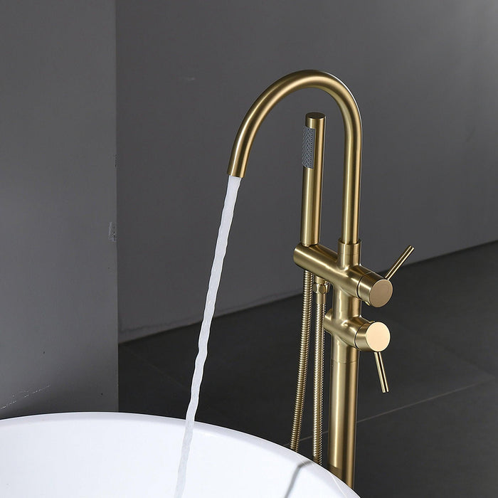 Single-Handle Golden Freestanding Floor Mount Tub Faucet Bathtub Filler with Hand Shower - ParrotUncle