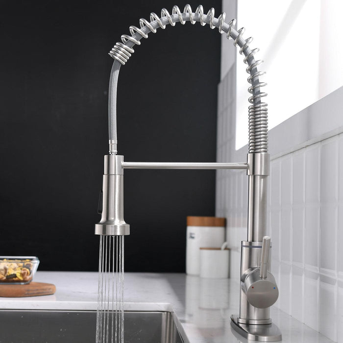 Single-Handle Pull-Down Sprayer 2 Spray High Arc Kitchen Faucet with Deck Plate in Brushed Nickel - ParrotUncle