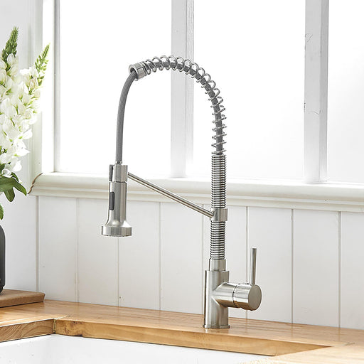Single Handle Pull Down Sprayer Kitchen Faucet with Spot Resistant in Brush Nickel - ParrotUncle