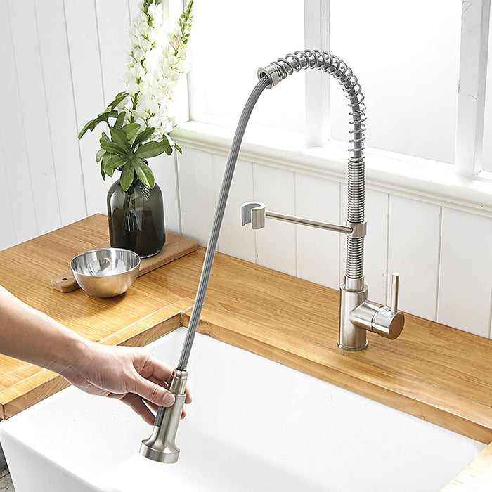 Single Handle Pull Down Sprayer Kitchen Faucet with Spot Resistant in Brush Nickel - ParrotUncle
