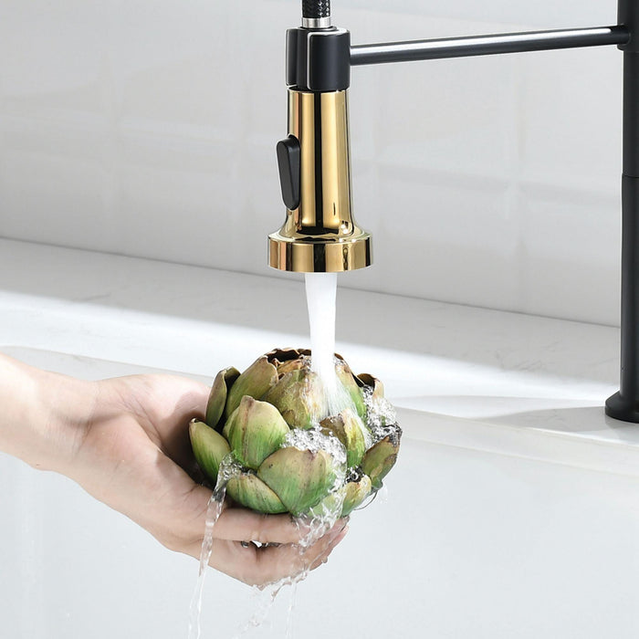 Single-Handle Touchless Sensor Gooseneck Pull-Down Sprayer Kitchen Faucet in Matte Black and Brushed Gold - ParrotUncle