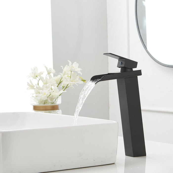 Single Hole Single Handle Bathroom Vessel Sink Faucet With Supply Hose in Matte Black - ParrotUncle