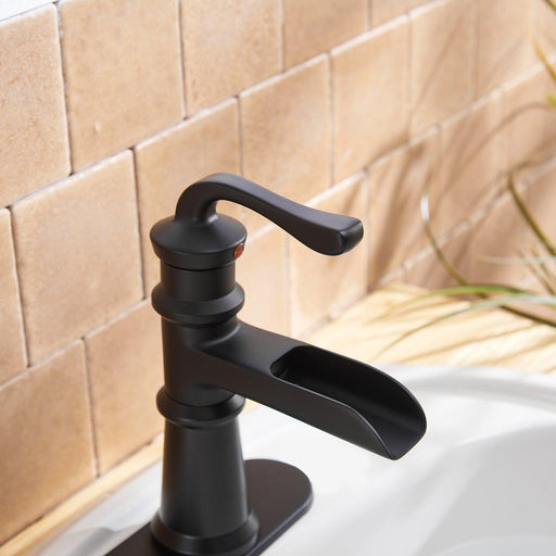 Single Hole Waterfall Bathroom Sink Faucet with Deck Plate and Pop-up Drain Assembly in Black - ParrotUncle