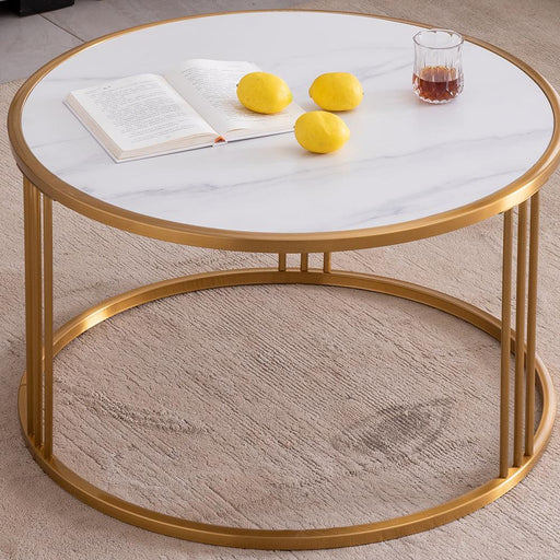 Sintered Stone Round Coffee Table with Golden Frame - ParrotUncle