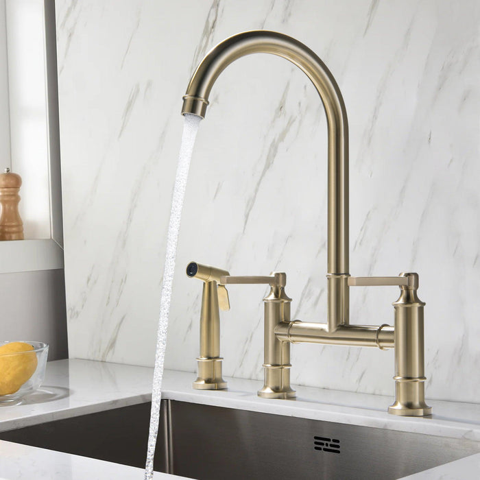Two Handle Standard Kitchen Faucet with Side Sprayer in Brushed Gold - ParrotUncle