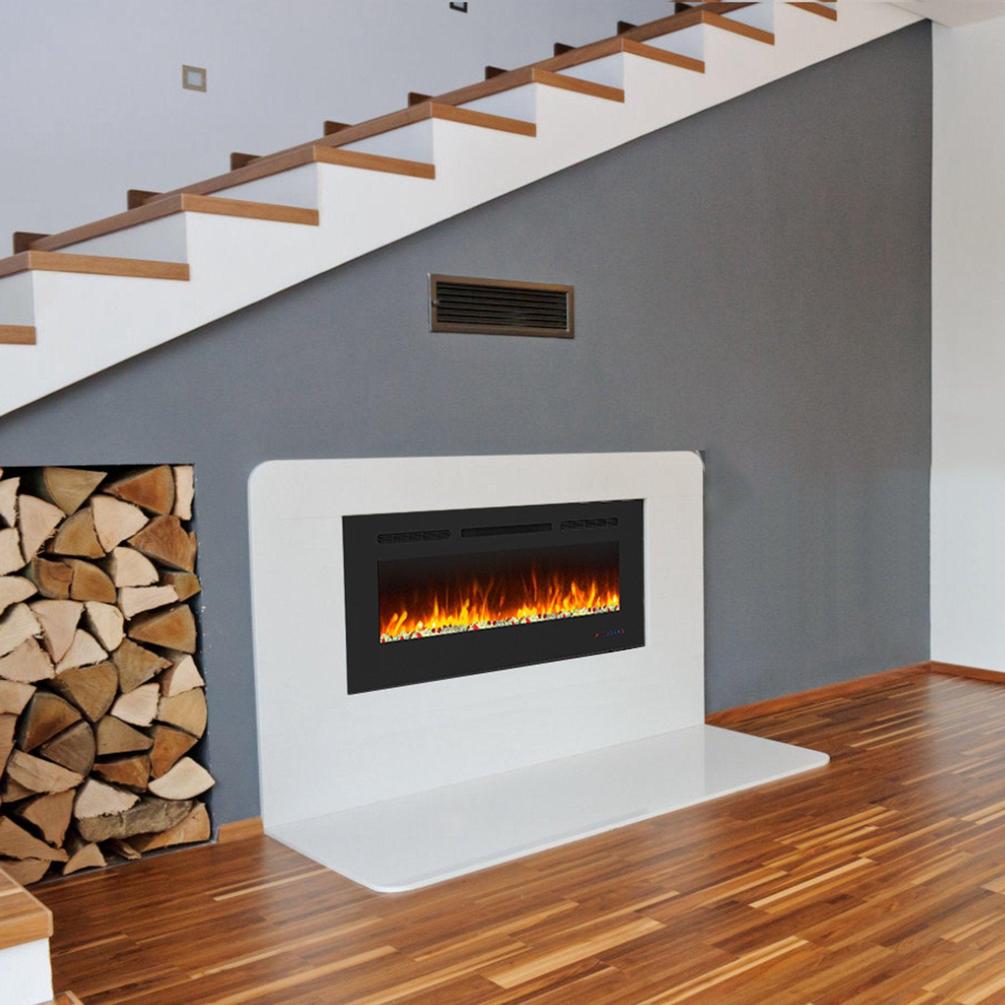Wall Electric Fireplace with Remote Control and Touch Screen in 13 Flame Colors and Base Lights - ParrotUncle