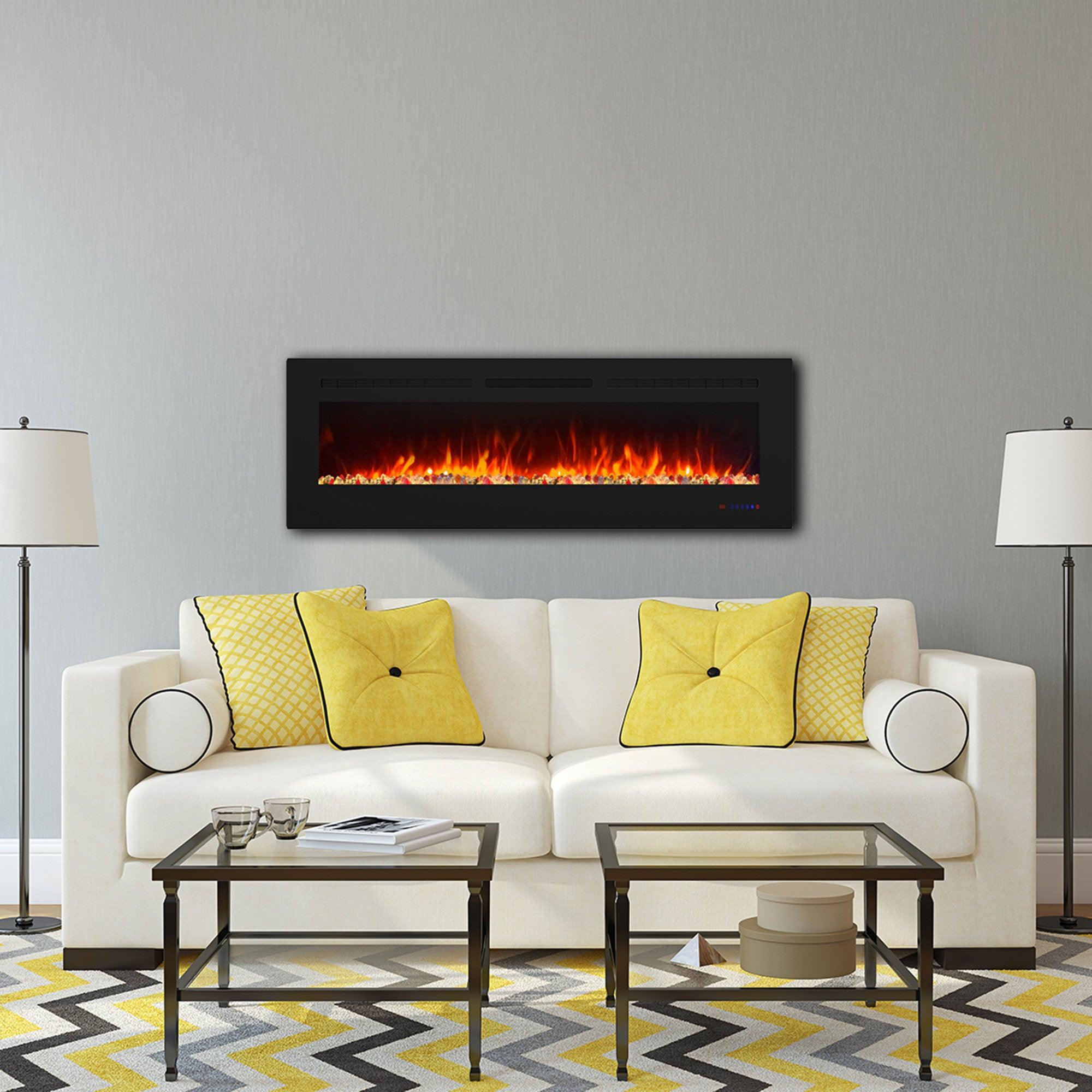 Wall Electric Fireplace with Remote Control and Touch Screen in 13 Flame Colors and Base Lights - ParrotUncle