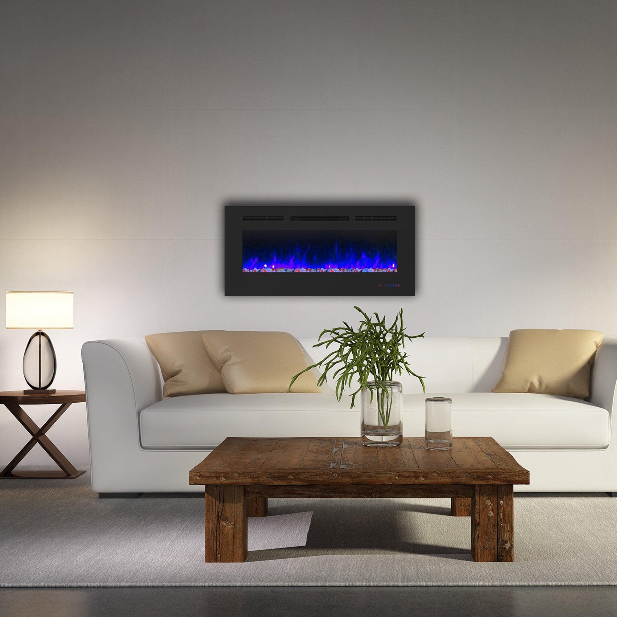 Wall Electric Fireplace with Remote Control and Touch Screen in 13 Flame Colors and Base Lights - ParrotUncle