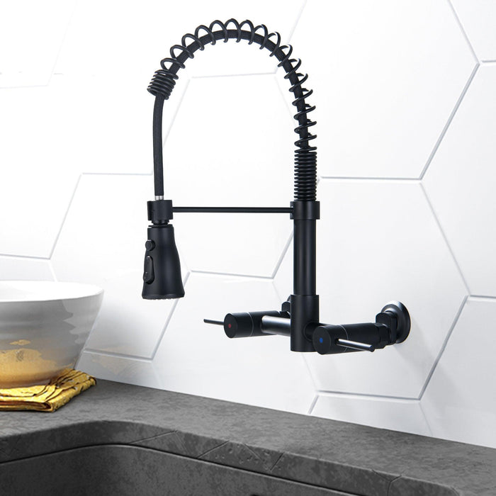 Wall Mounted Pull Down Two Handle Kitchen Faucet in Matte Black - ParrotUncle