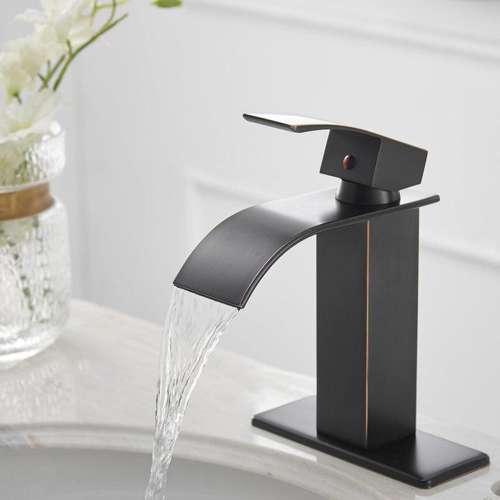 Waterfall Single Hole Single-Handle Low-Arc Bathroom Faucet With Supply Line in Matte Black - ParrotUncle