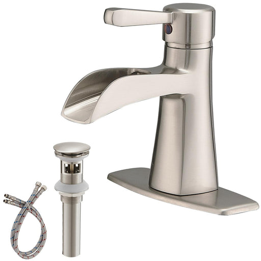 Waterfall Single Hole Single-Handle Low-Arc Bathroom Sink Faucet With Pop-up Drain Assembly In Brushed Nickel - ParrotUncle