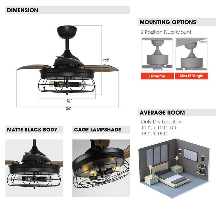 36" Benally Industrial Downrod Mount Ceiling Fan with Lighting and Remote Control - ParrotUncle