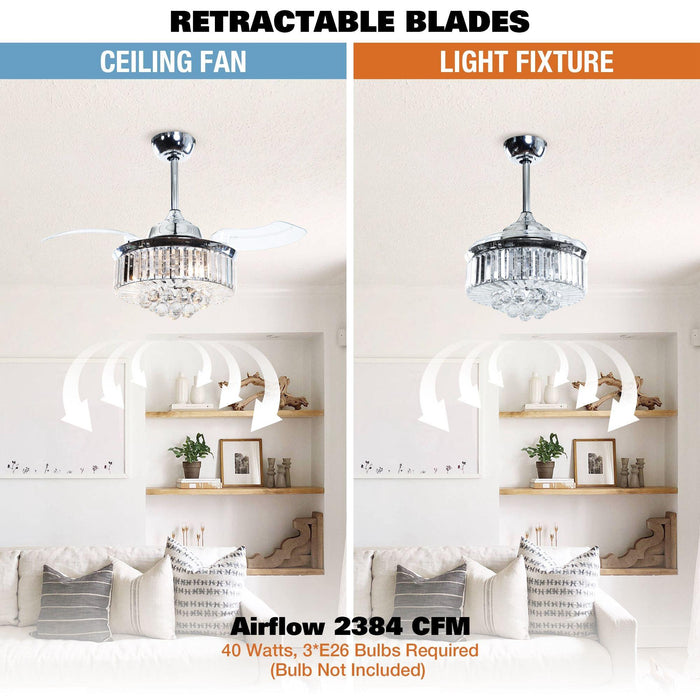 36" Broxburne Modern Chrome Downrod Mount Crystal Ceiling Fan with Lighting and Remote Control - ParrotUncle