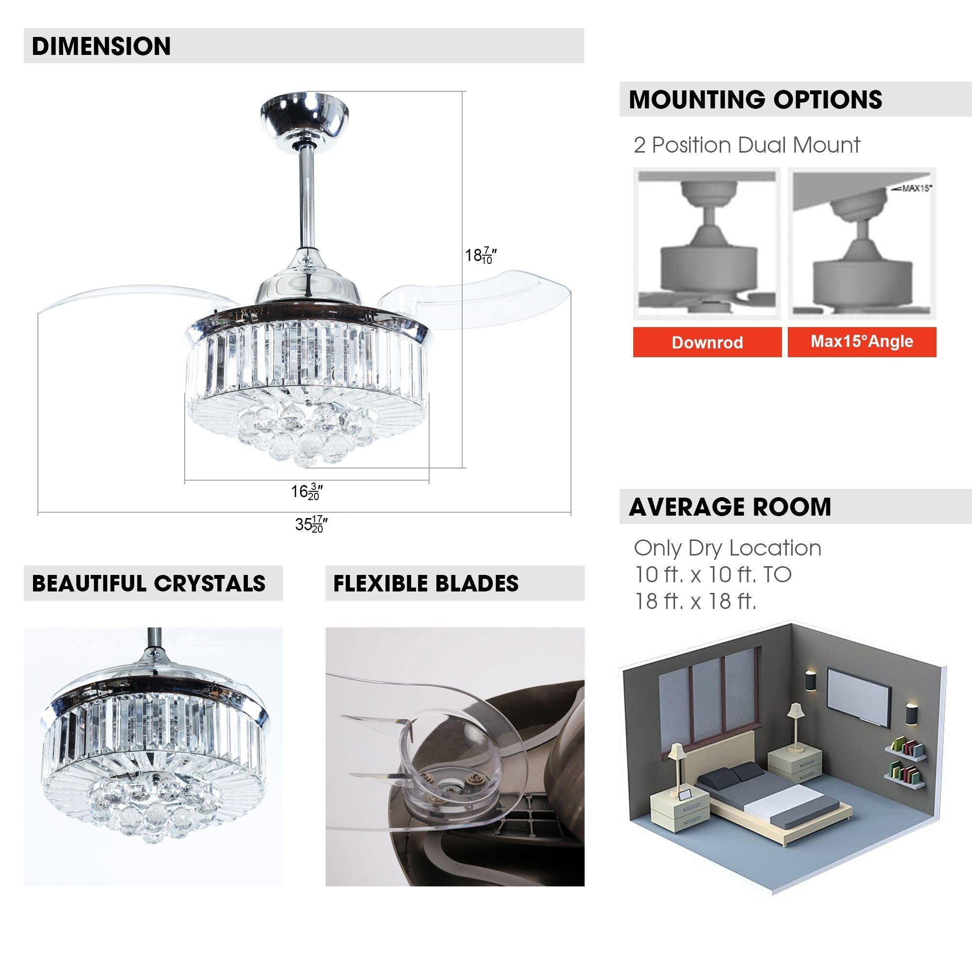 36" Broxburne Modern Chrome Downrod Mount Crystal Ceiling Fan with Lighting and Remote Control - ParrotUncle