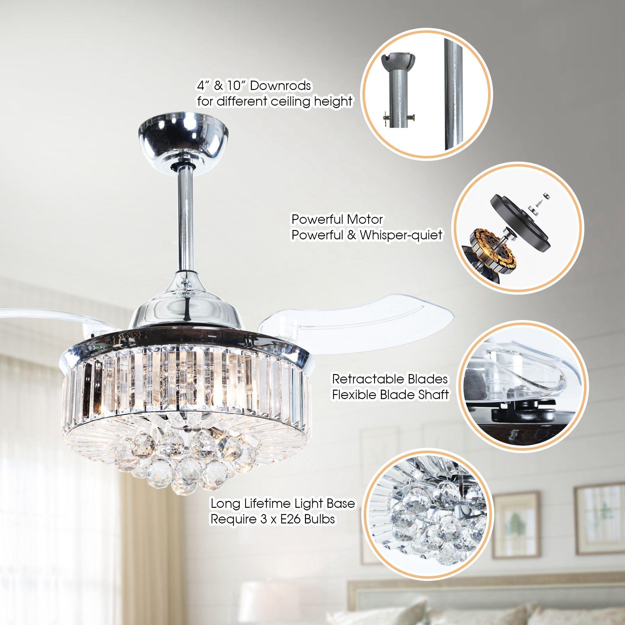 36" Broxburne Modern Chrome Downrod Mount Crystal Ceiling Fan with Lighting and Remote Control - ParrotUncle