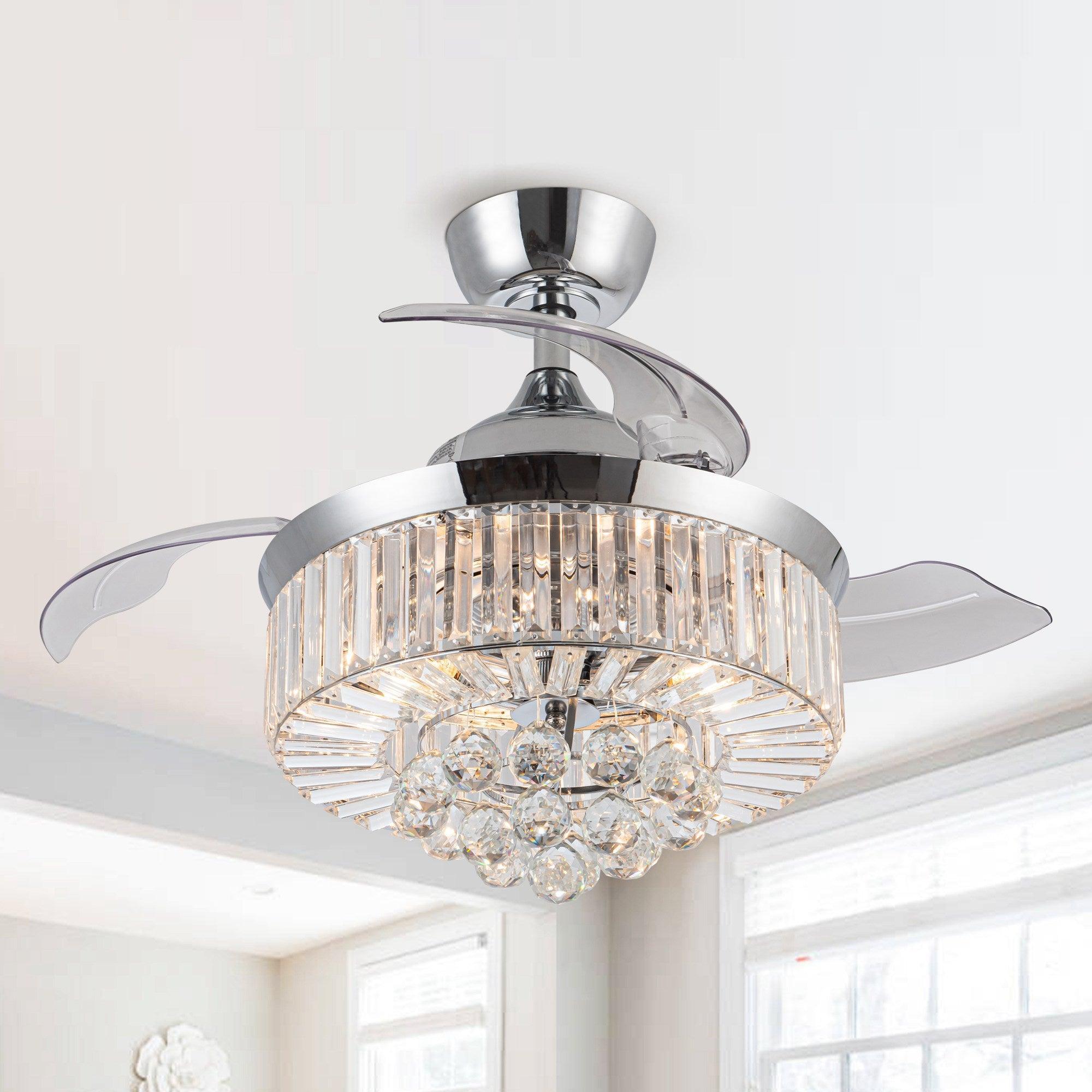 36" Broxburne Modern Chrome Downrod Mount Crystal Ceiling Fan with Lighting and Remote Control - ParrotUncle