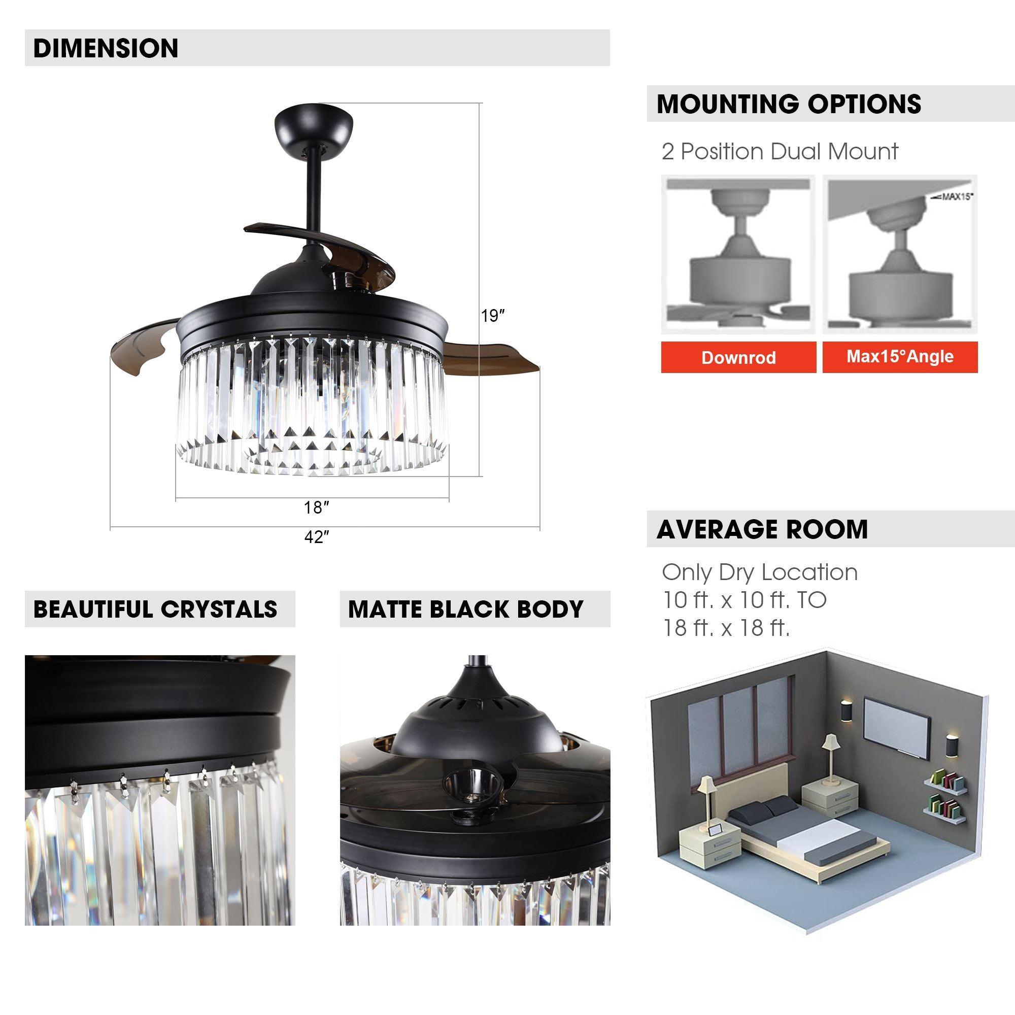 42" Industrial Downrod Mount Crystal Ceiling Fan with Lighting and Remote Control - ParrotUncle
