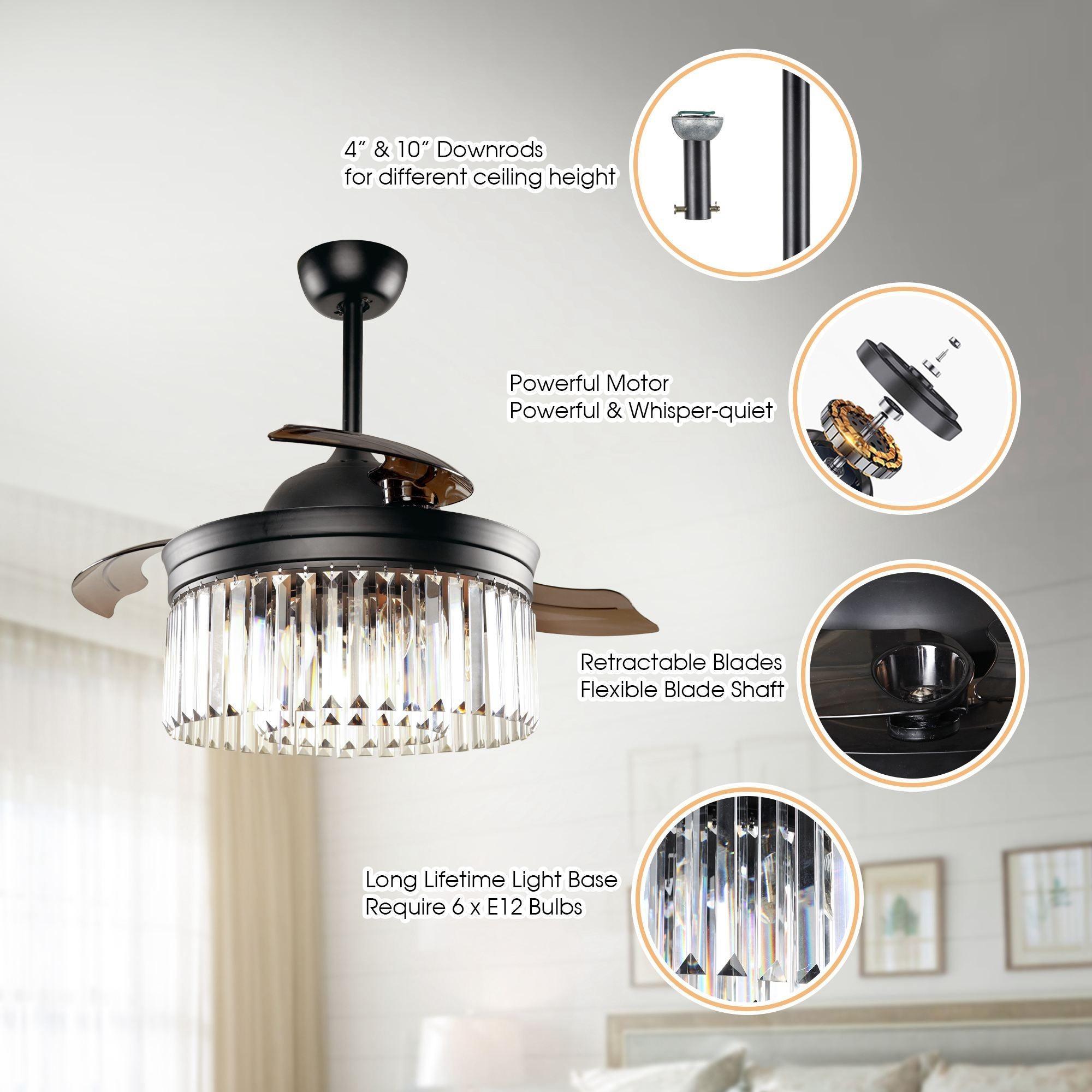 42" Industrial Downrod Mount Crystal Ceiling Fan with Lighting and Remote Control - ParrotUncle