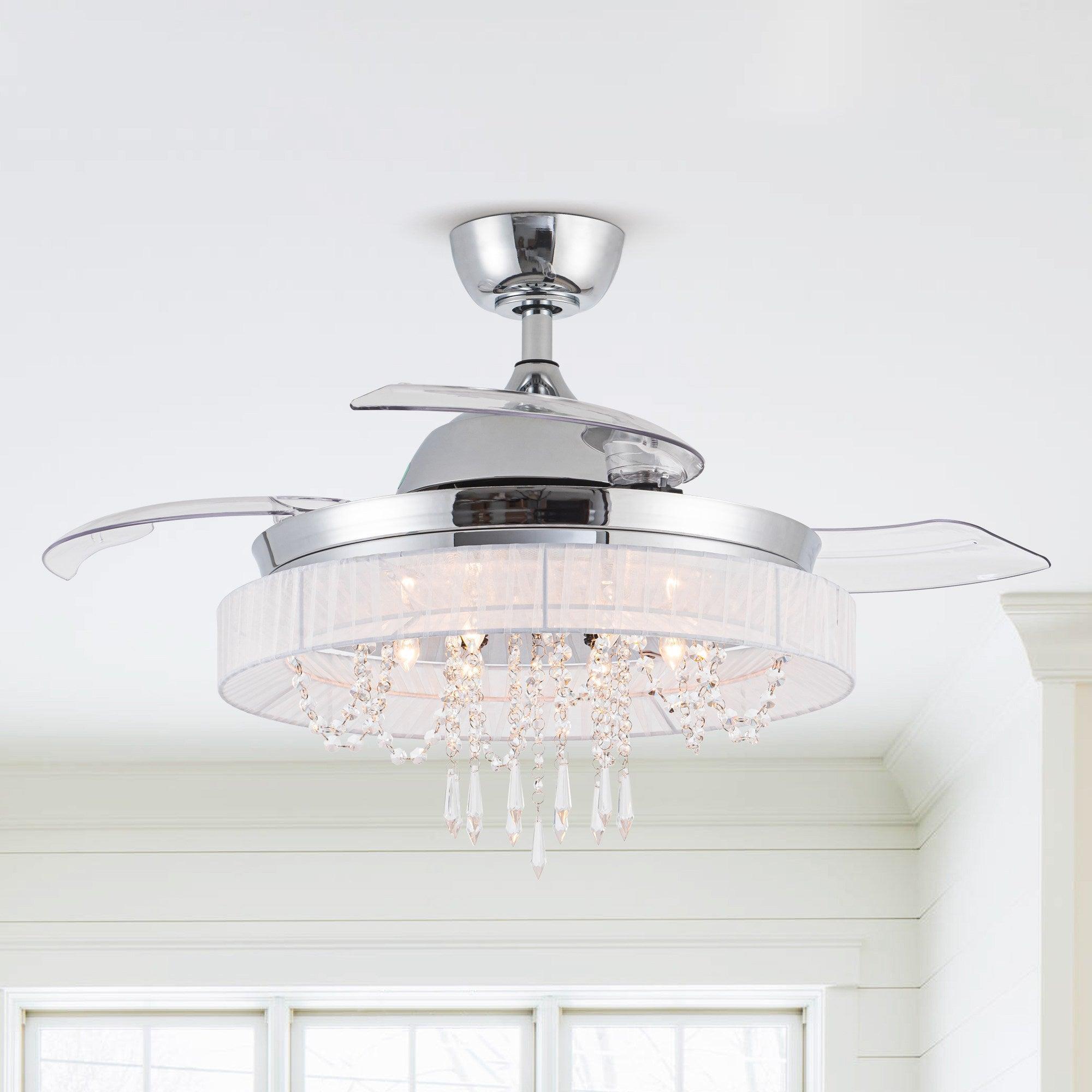 42" Modern Chrome Downrod Mount Crystal Ceiling Fan with Lighting and Remote Control - ParrotUncle
