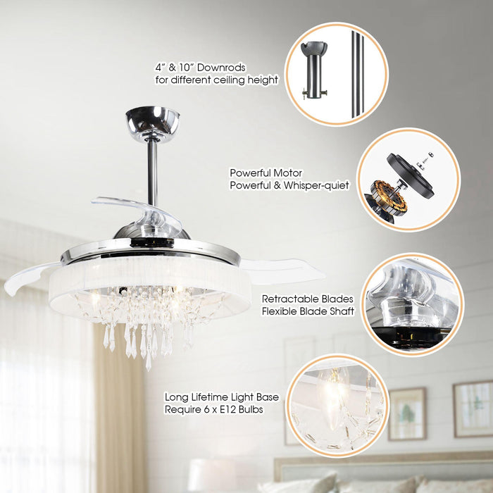 42" Modern Chrome Downrod Mount Crystal Ceiling Fan with Lighting and Remote Control - ParrotUncle