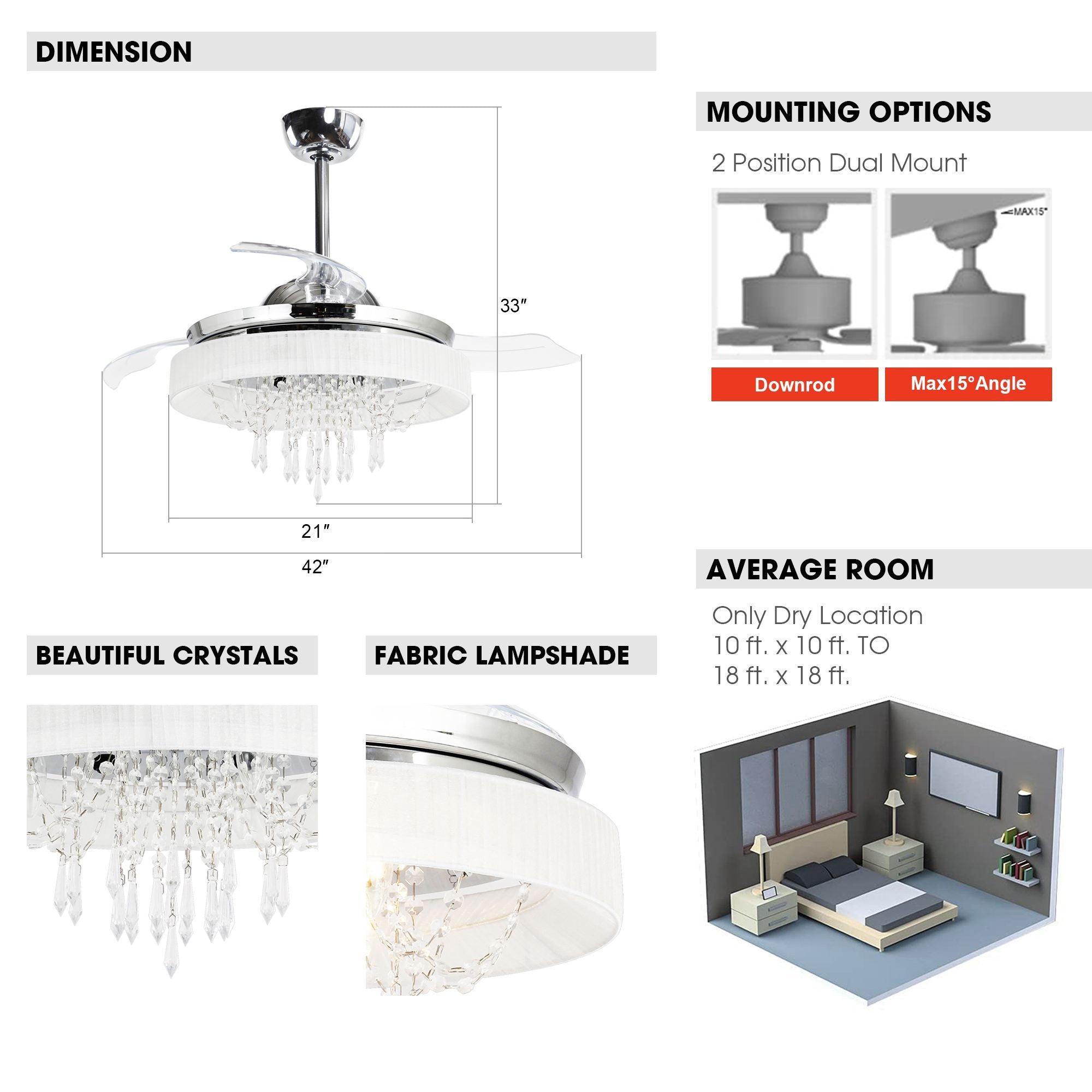 42" Modern Chrome Downrod Mount Crystal Ceiling Fan with Lighting and Remote Control - ParrotUncle