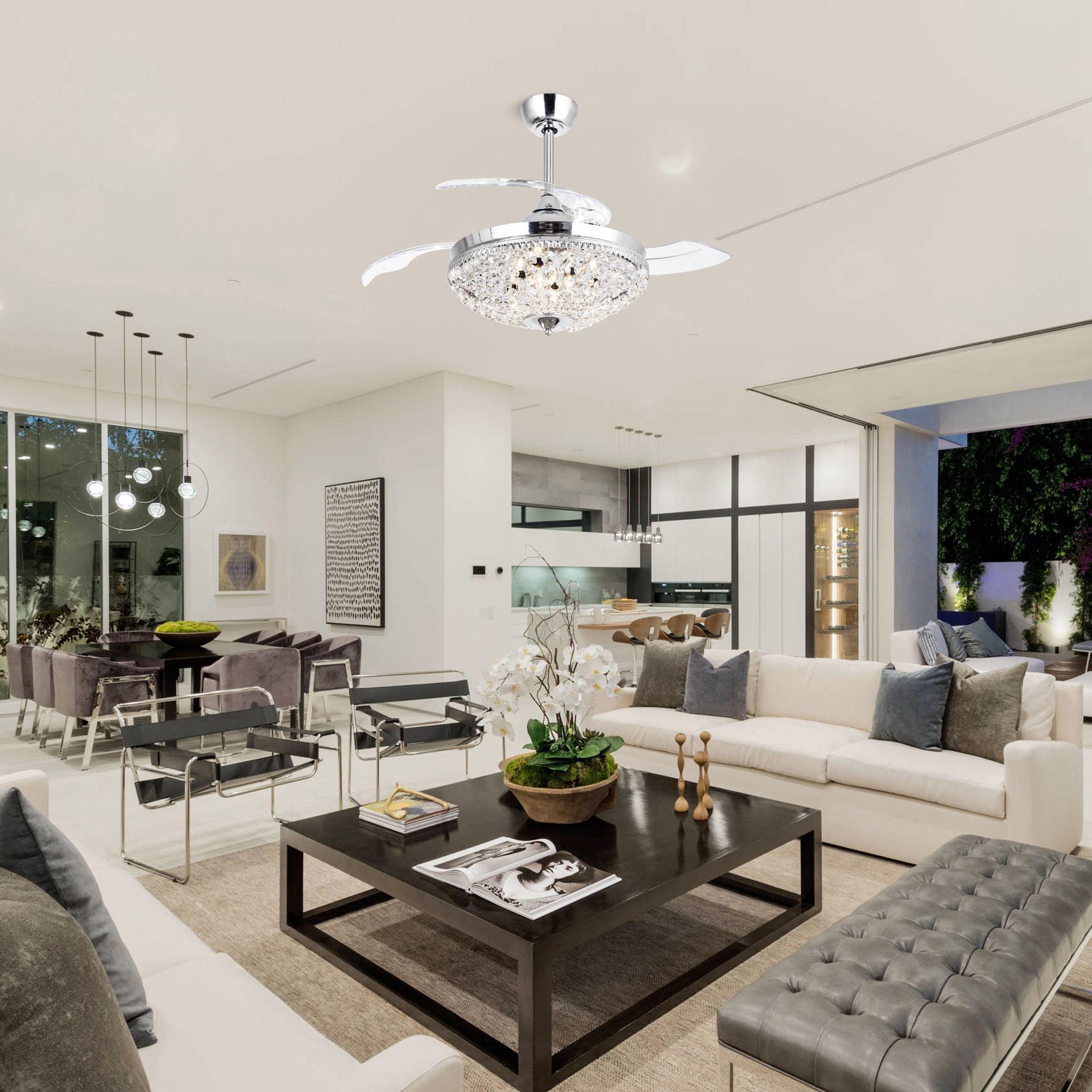 42" Servantes Modern Downrod Mount Crystal Ceiling Fan with Lighting and Remote Control - ParrotUncle