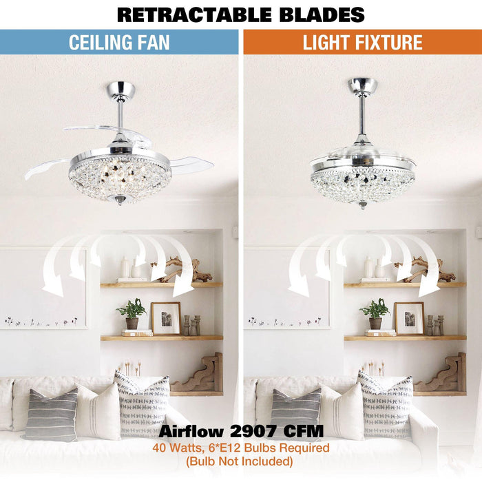 42" Servantes Modern Downrod Mount Crystal Ceiling Fan with Lighting and Remote Control - ParrotUncle